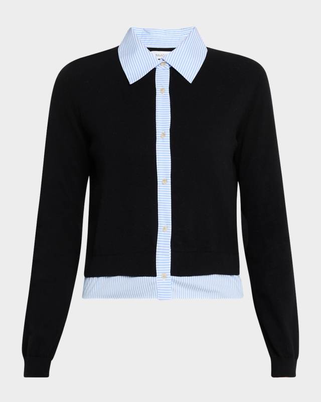 Striped-Trim Mixed Media Cardigan